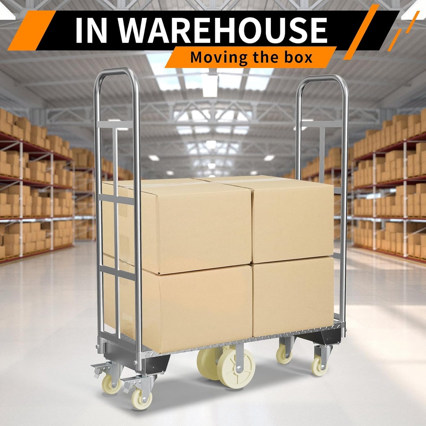 U-Boat Platform Truck Cart, 16 x 48 Inch Narrow Aisle Flatbed Truck w/6PCS Wheel Caster 2000LBS Weight Capacity Heavy Duty Platform Dolly with Removable Handles for Warehouse, Storage Room