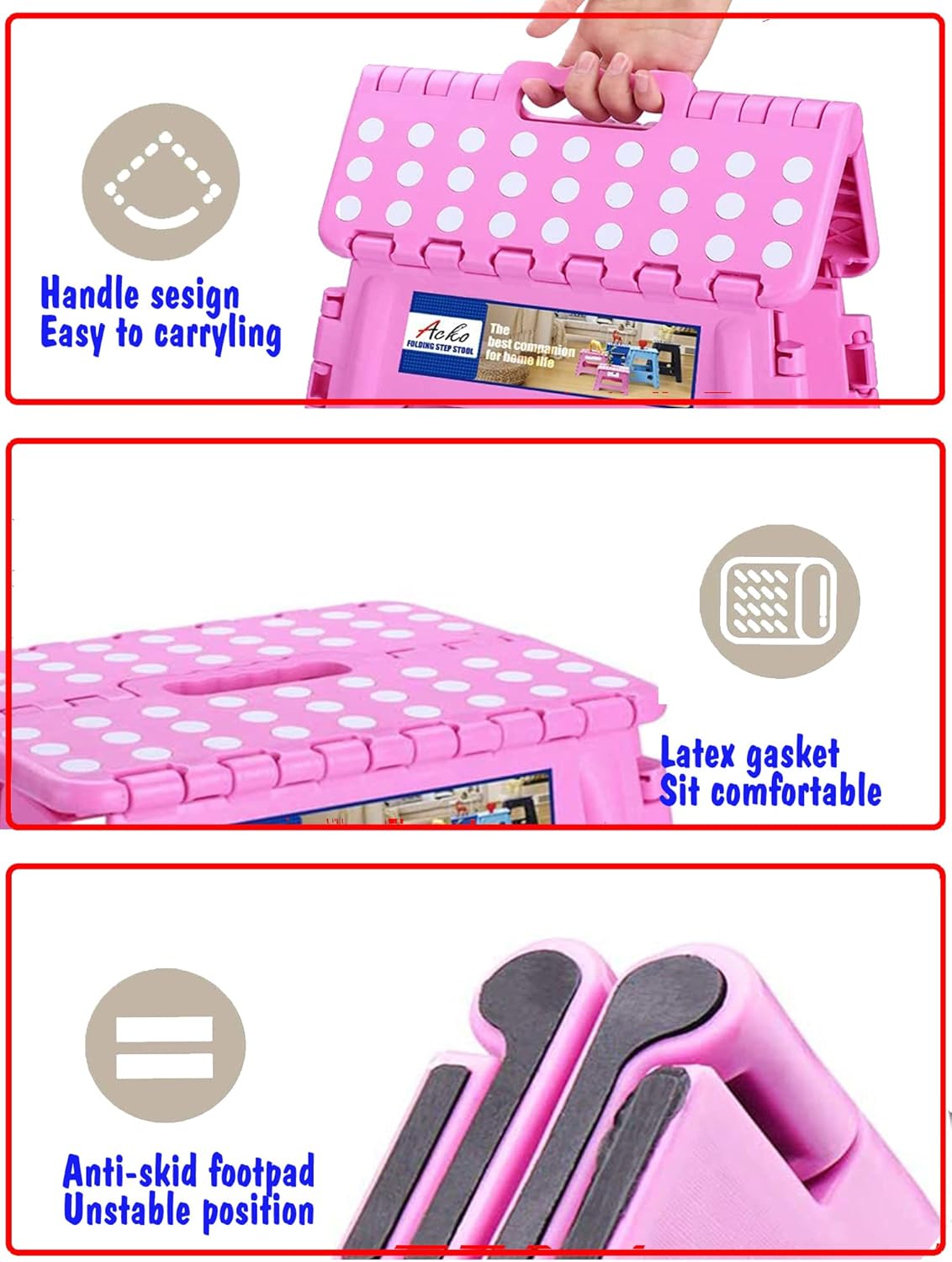 ACKO Folding Step Stool - 13 inch Height Premium Heavy Duty Foldable Stool for Kids and Adults, Kitchen Garden Bathroom Stepping Stool (Pink)