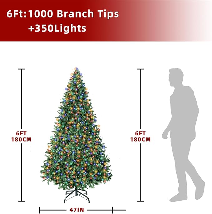 ININ 6FT Prelit Christmas Spruce Artificial Tree with Led Lights, Lighted Christmas Tree，Hinged Full Xmas Tree for Home Party Decoration,350 LED Lights,1000 Branch Tips, Metal Hinges & Foldable Base.
