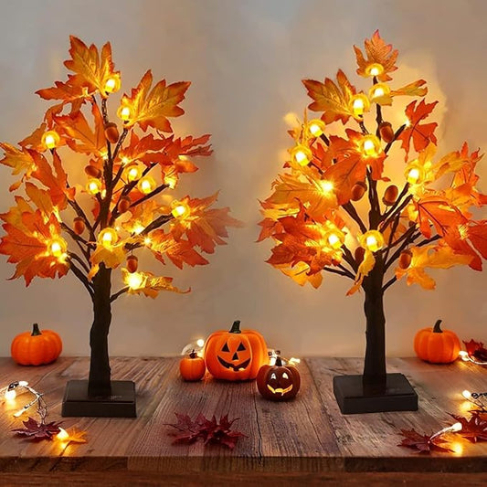 Fall Decorations Artificial Fall Lighted Maple Tree,Total 48 LED Battery/USB Operated Pumpkins Maple Acorn Tree for Table Fireplace Harvest Home Indoor Thanksgiving Decor (2)