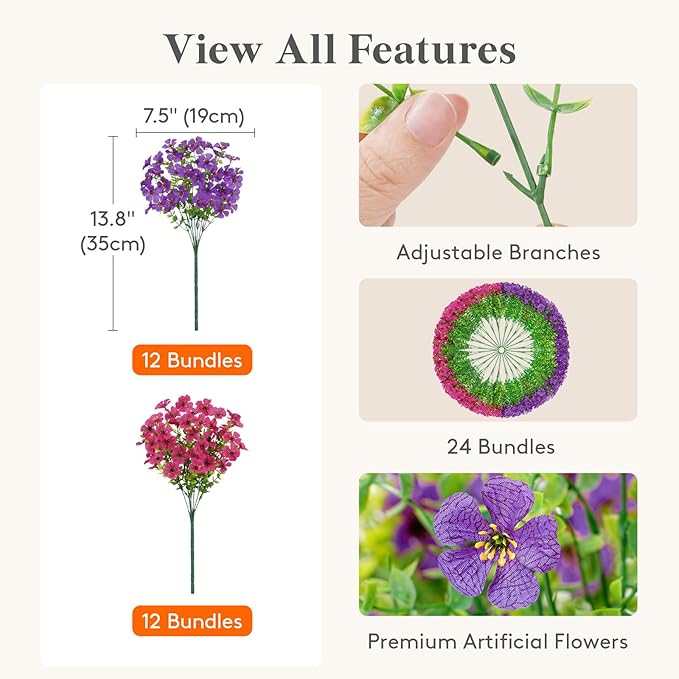 Lifewit Artificial Flowers for Outdoor Indoor, 24 Bundles Plastic Fake Flowers Daisy with Eucalyptus Leaves for Home Garden Decor, Porch, Window Box(Mix for Fuchsia Purple)
