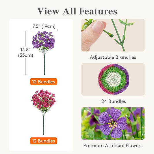 Lifewit Artificial Flowers for Outdoor Indoor, 24 Bundles Plastic Fake Flowers Daisy with Eucalyptus Leaves for Home Garden Decor, Porch, Window Box(Mix for Fuchsia Purple)