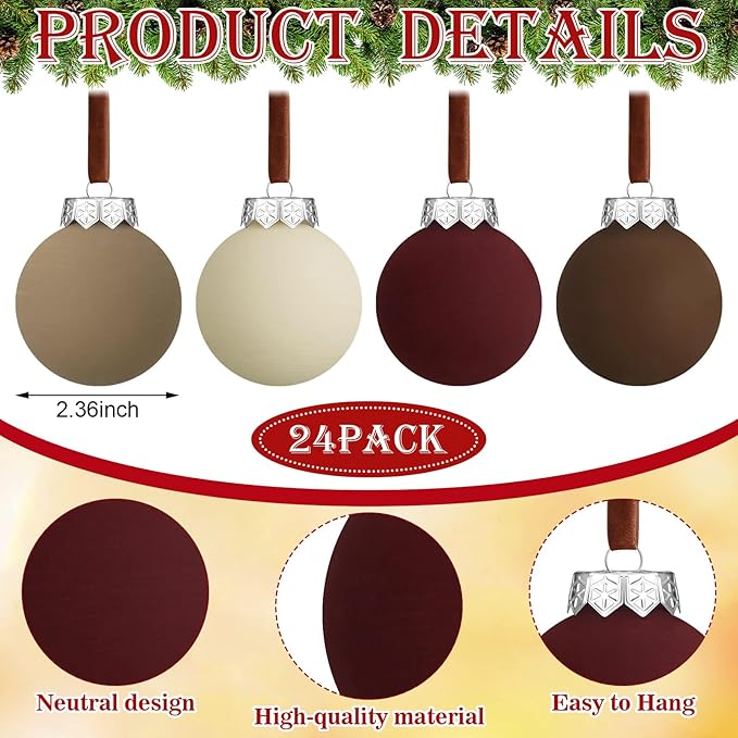 24 Pcs Neutral Matte Christmas Ball Ornaments 2.4 Inch Rustic Boho Burgundy Brown Camel Cream Xmas Bulbs Ornament Vintage Xmas Baubles Modern Christmas Decor for Tree Farmhouse Decor