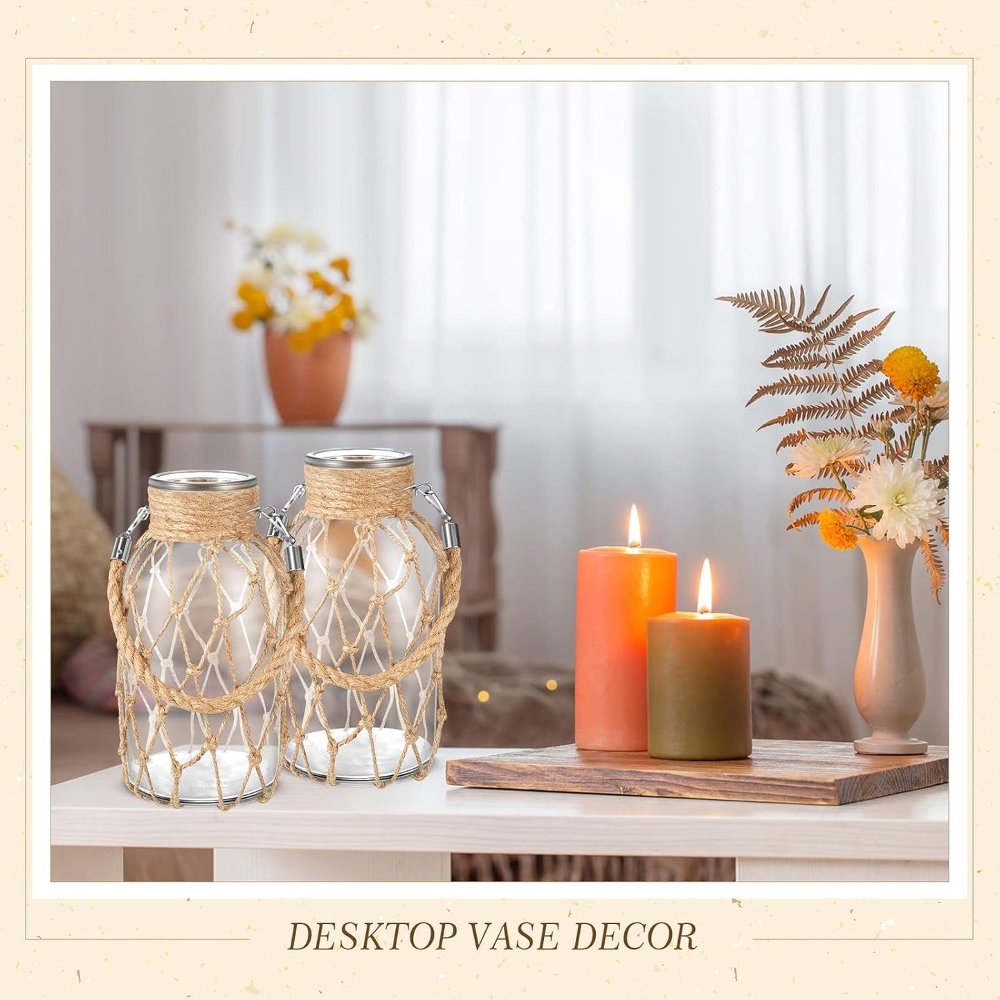 Set of 4 Rope Net Dry Flower Glass Vase 7.9 x 4 Inches Wicker Farmhouse Vase Coastal Decor for Wedding Tables Home Rustic Hanging Mason Jar Rope Wrapping Decorative Bottles Nautical Decor