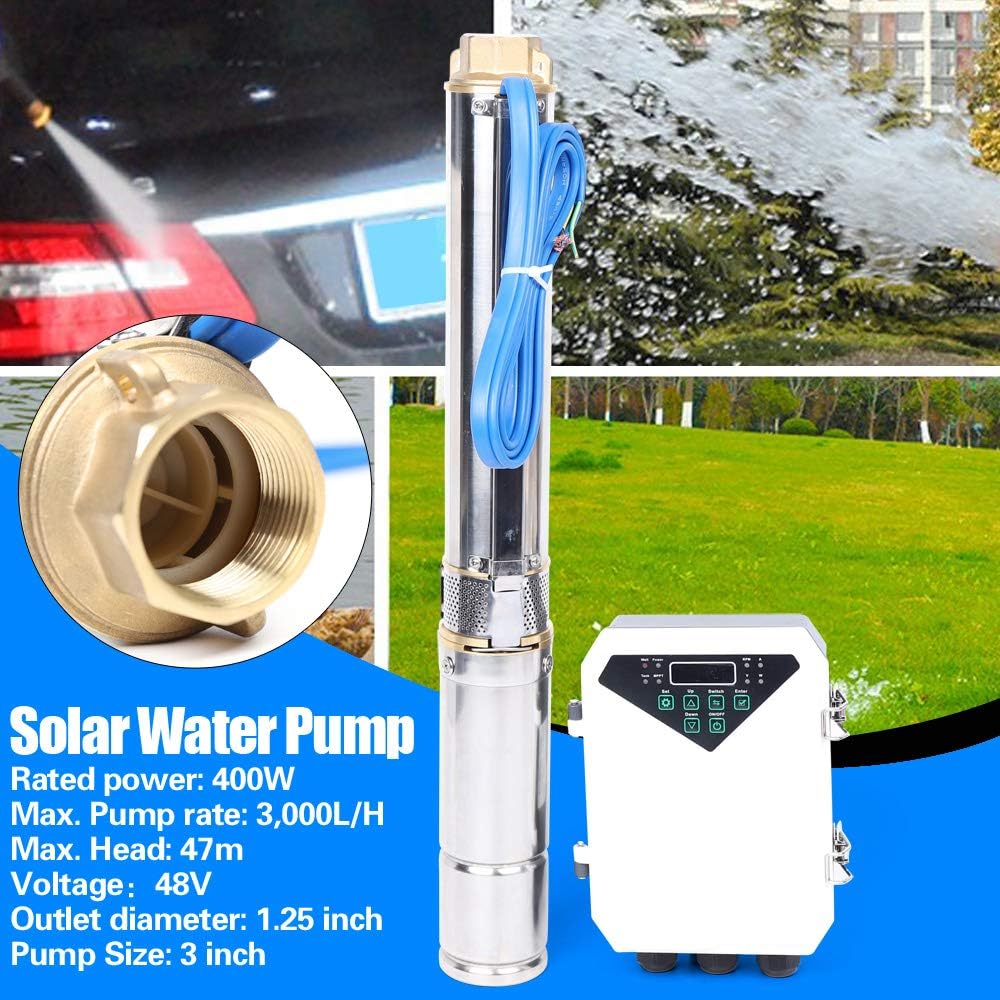 Deep Well Submersible Pump, 400W DC 48V Solar Water Pump 3Inch Stainless Steel Submersible Well Pump, Maximum Head 154.2ft for Farm Ranch Irrigation