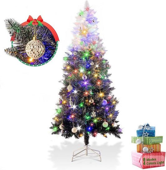 6ft Prelit Black Gradient Artificial Christmas Tree with 150 Multi-Color LED, 4 Color 8 Mode, Flocked Hinged Xmas Tree with 1000 Realistic Branch, Easy Assembly for Home Holiday Decoration