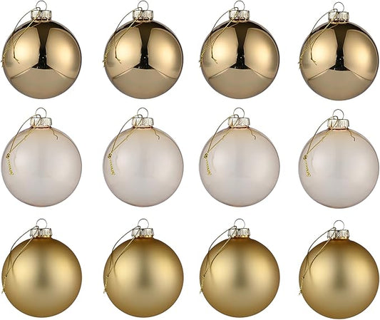 Gold Glass Christmas Ball Ornaments for Christmas Tree, 2.36” Christmas Hanging Ornaments Set of 12 Xmas Baubles for Holiday Party Xmas Tree Decorations Gifts