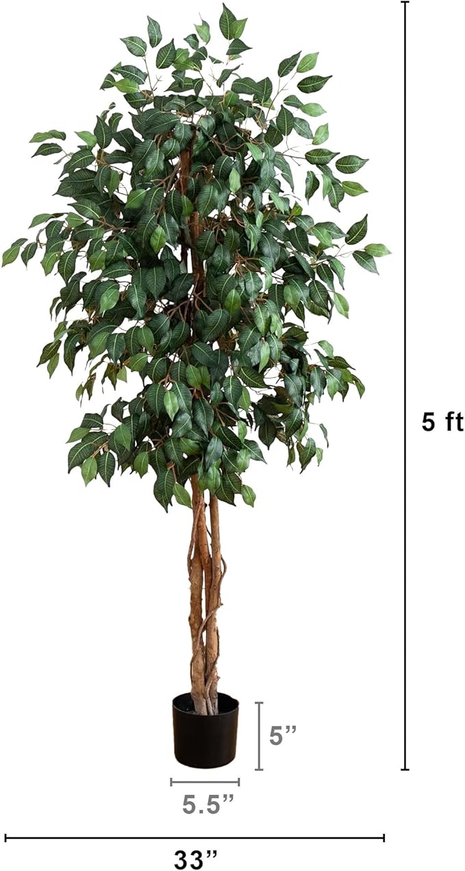 Nearly Natural 5ft Triple Trunk Artificial Ficus Tree with Natural Wood Trunks, Fake Tree for Indoor Home Décor, Faux Ficus Tree with Black Nursery Pot