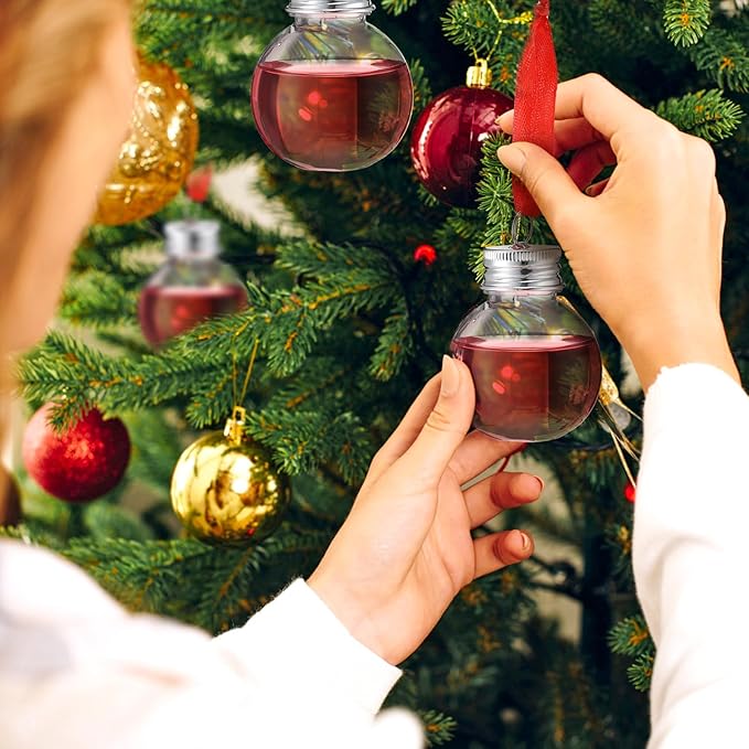 Patelai 100 Pcs Christmas Drink Balls Shot Glass Ornament Plastic Fillable Christmas Tree Ornaments Xmas Water Bottle Bulbs for Holiday Party Indoor Outdoor (Clear with Silver Lid)