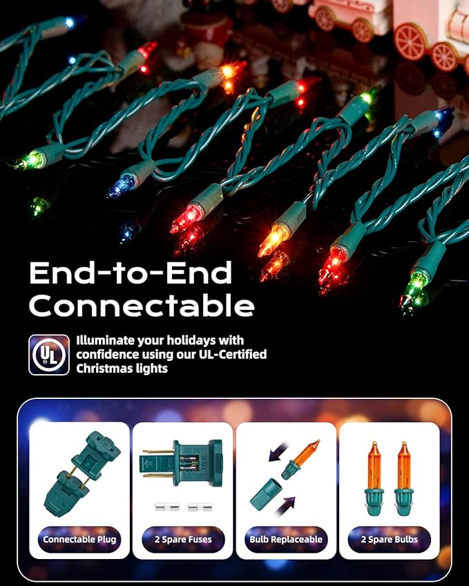 Brightown Multicolor Christmas String Lights, 200-Count 50ft Incandescent Bulb Mini Lights for Indoor Holiday Decor, Christmas Tree Garland Wedding Party Multi-Use Festival Decoration, Green Wire