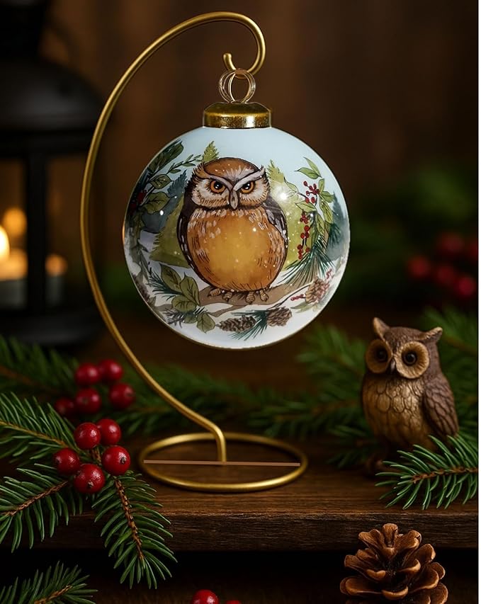 Glass Owl Ornament – Woodland Forest Bird Collectible with Evergreen Tree – Winter Wildlife Christmas Decoration – Unique Owl Gift for Nature Lovers – 3” Reverse-Painted Ornament with Gift Box