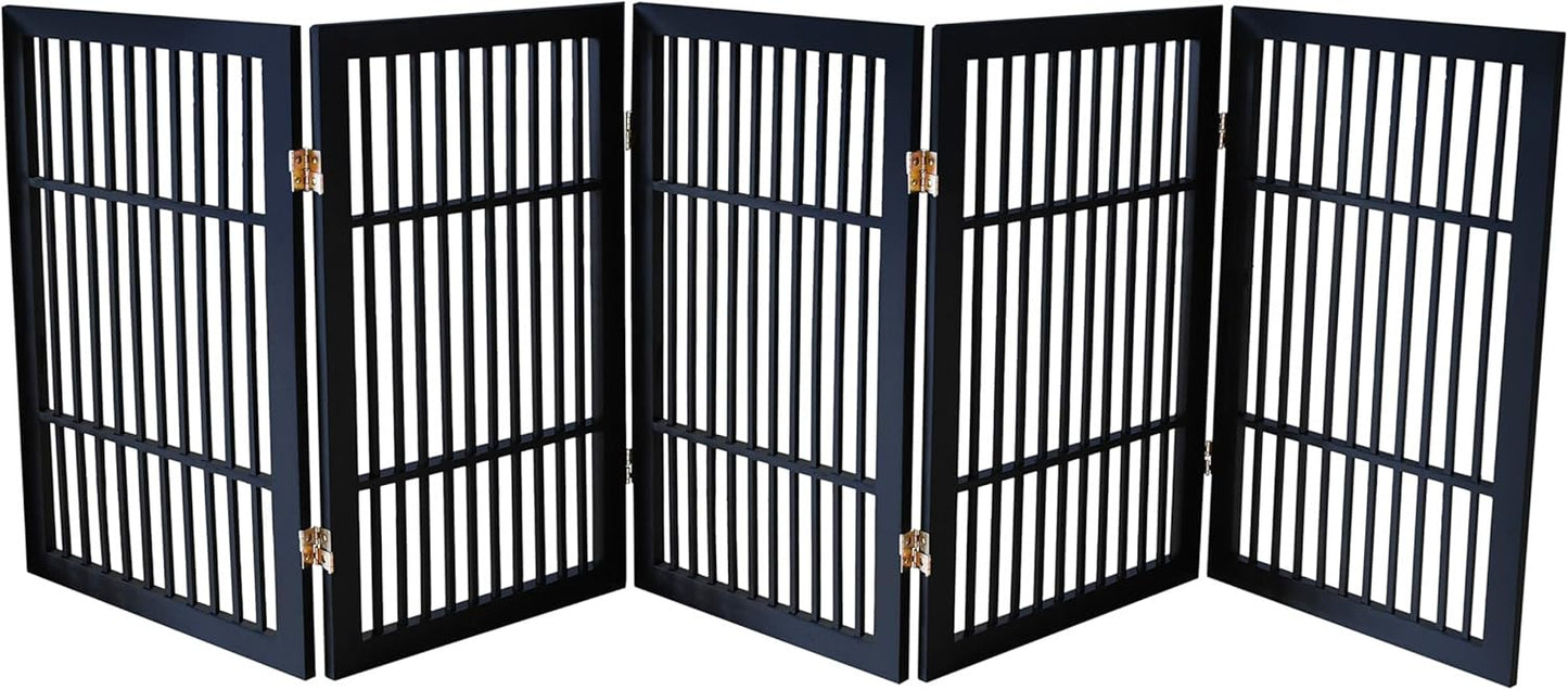 Pet Dog Gate Strong and Durable Freestanding Folding Acacia Hardwood Portable Wooden Fence Indoors or Outdoors by Urnporium (Black Pet Gate, 5 Panel 30" Tall)