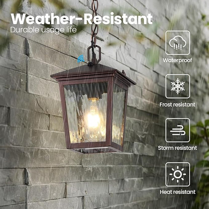Outdoor Pendant Light, Brown Outdoor Porch Light fixtures with Dusk to Dawn Sensor, Coffee Exterior Hanging Lantern Height Adjustable Outside Chandelier with Water Glass for House Patio Garage