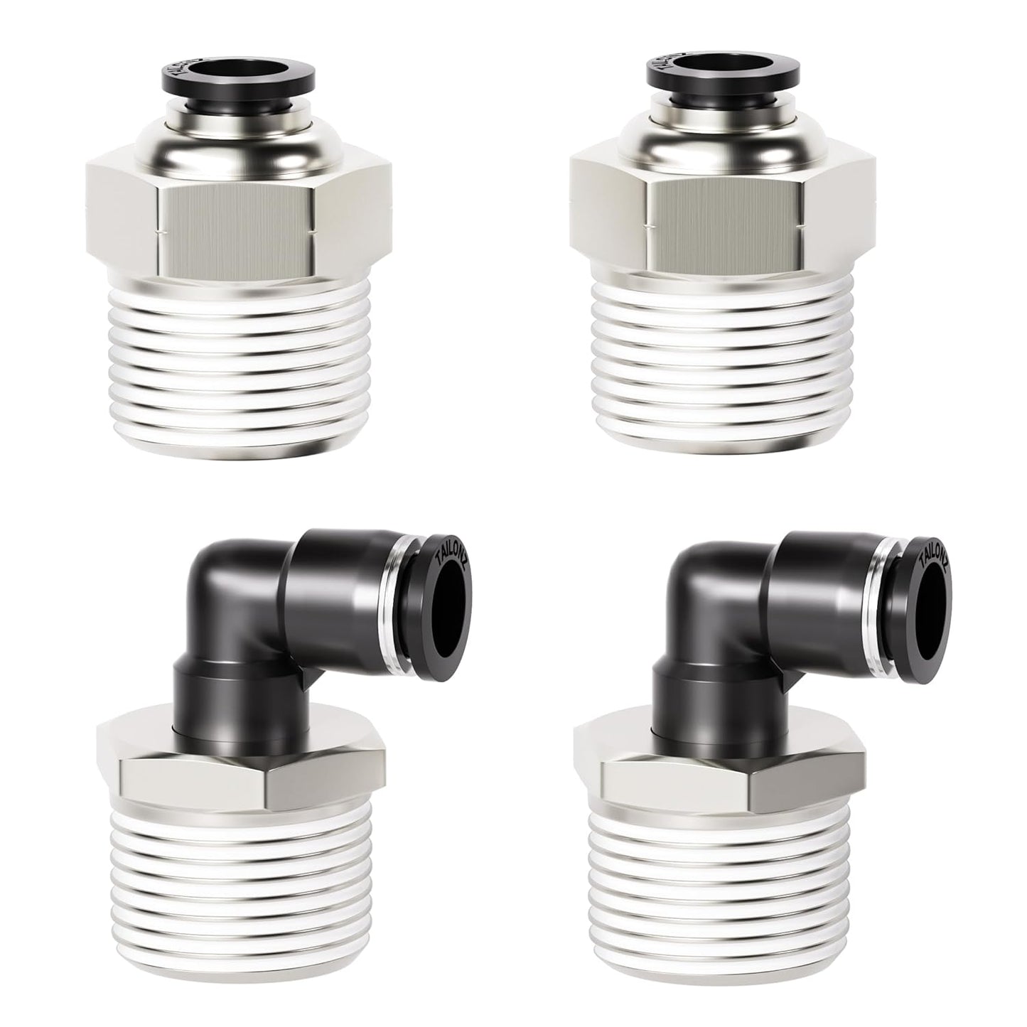 TAILONZ PNEUMATIC Elbow and Straight Combination 1/4 Inch Tube OD x 1/2 Inch NPT Thread Push to Connect Fittings PC-1/4-N4+PL-1/4-N4(Pack of 4)