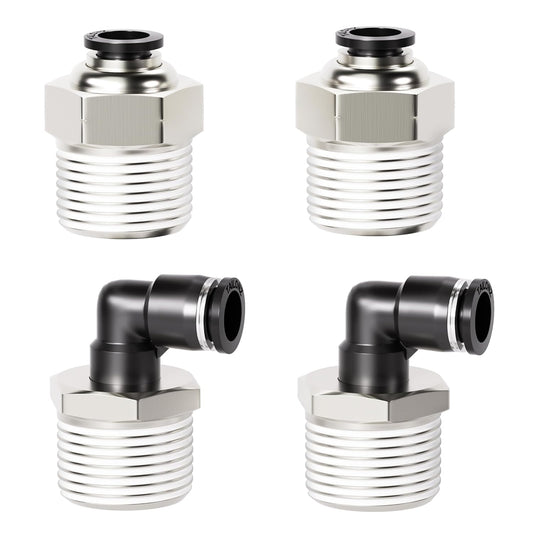 TAILONZ PNEUMATIC Elbow and Straight Combination 1/4 Inch Tube OD x 1/2 Inch NPT Thread Push to Connect Fittings PC-1/4-N4+PL-1/4-N4(Pack of 4)