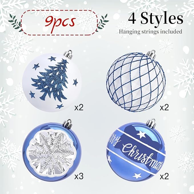 SHareconn 100MM/4 Inch 9PCS Large Christmas Balls Ornaments, Shatterproof Plastic Hanging Big Baubles Set for Xmas Tree Decoration Holiday Party Wedding Decorations with Hook, Blue and White