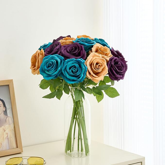 15pcs Terracotta Fake Roses Artificial Silk Flowers Faux Rose Flower Long Stems Bouquet for Arrangement Wedding Centerpiece Party Home Kitchen Decor