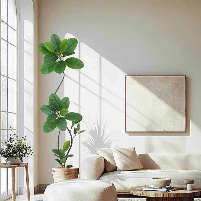 Artificial Rubber Tree Plant, 6ft Tall, Black with Round Planter, All Season Home Decor (Green,6ft)