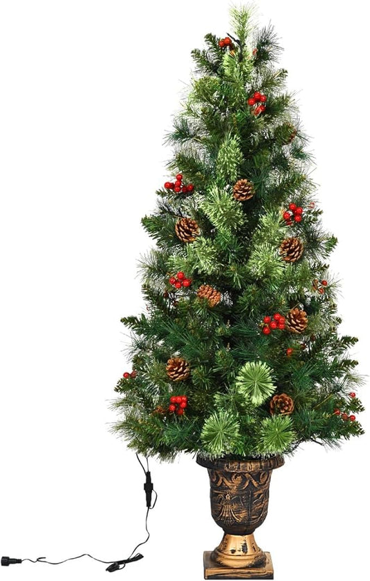 HAPPYGRILL 3FT Pre-Lit Artificial Christmas Tree with Urn Base, Artificial Xmas Tree with 100 Branch Tips, 40 Warm White Lights, Pine Cones, Red Berries, Front Door Porch Entryway Christmas Tree