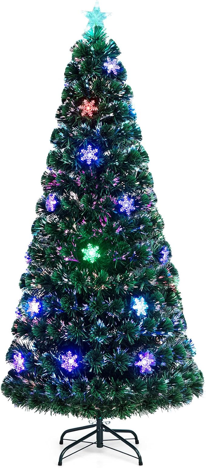 Goplus 6ft Pre-Lit Fiber Optic Christmas Tree, Artificial Xmas Full Tree with Colorful Snowflake LED Lights, 220 Branch Tips, Foldable Metal Base, for Office Home Holiday Decor