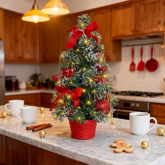 Tabletop Christmas Tree 11.81Inches Mini Artificial Christmas Tree with LED String Lights, Tabletop Small Xmas Tree for Holiday Indoor Christmas Decorations Red