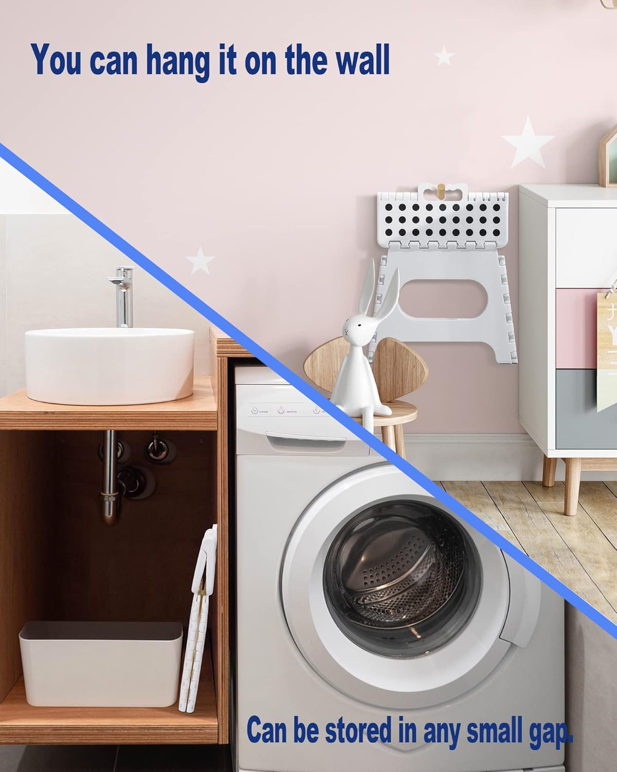 ACKO Folding Step Stool Foldable Step Stools for Kids, 11 Inch Foot Stool Black Plastic Step Stool with Portable Handle Small Stool Hold up to 300lbs for Bathroom, Kitchen White