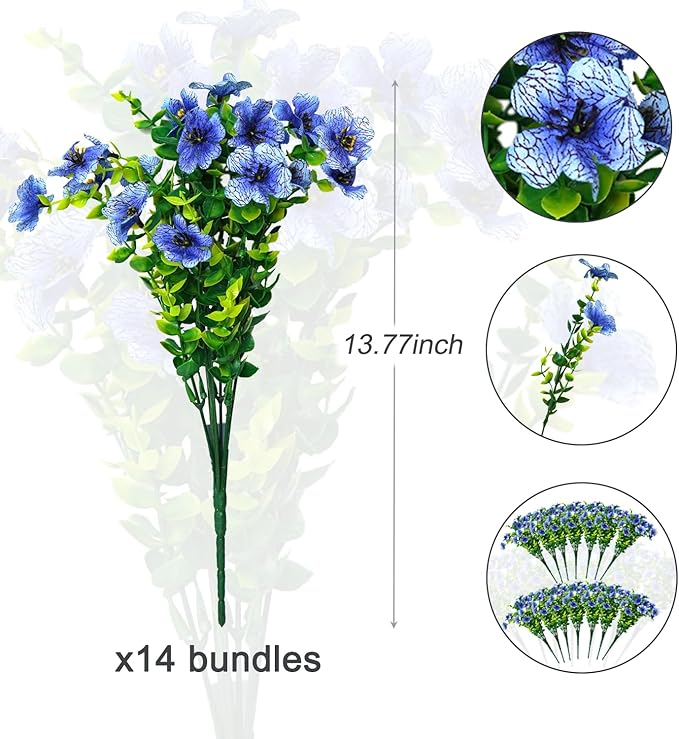 14 Bundles Fake Mums Fake Plants Artificial Mums for Outdoors Artificial Flowers for Yard Porch Home Garden Fall Indoor Outdoor Decor(Blue)