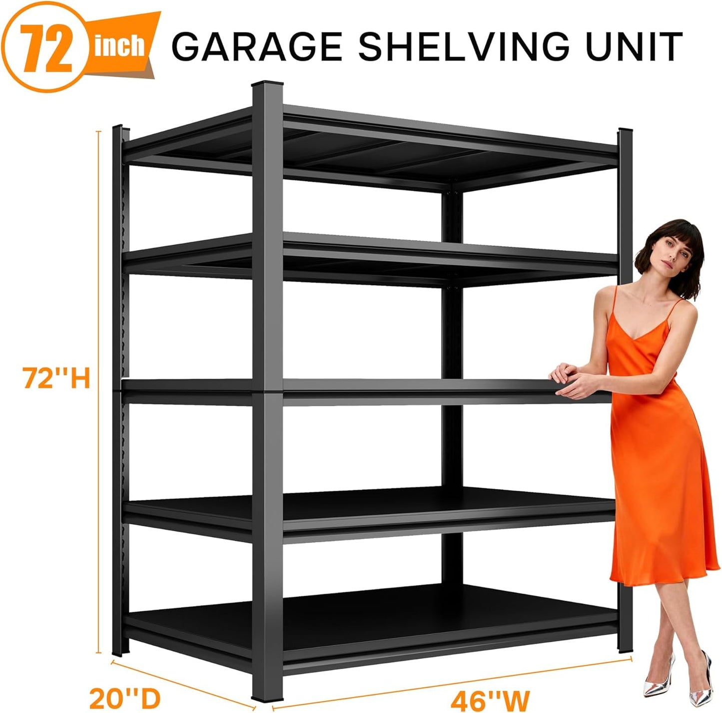 46''W Garage Shelving Heavy Duty Garage Storage Shelves, 3000 LBS Adjustable 5 Tier Industrial Shelving Unit, Metal Utility Shelf for Basement, Warehouse and Workshop (72''Hx46''Wx20''D, Black)