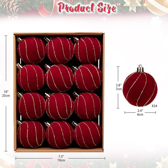 24PCS Velvet Christmas Ball Ornaments Set, 2.36" Shatterproof Baubles for Christmas Tree Decorations, Gold-Lined Hanging Baubles with Velvet Finish for Thanksgiving Holiday Party Décor, Red