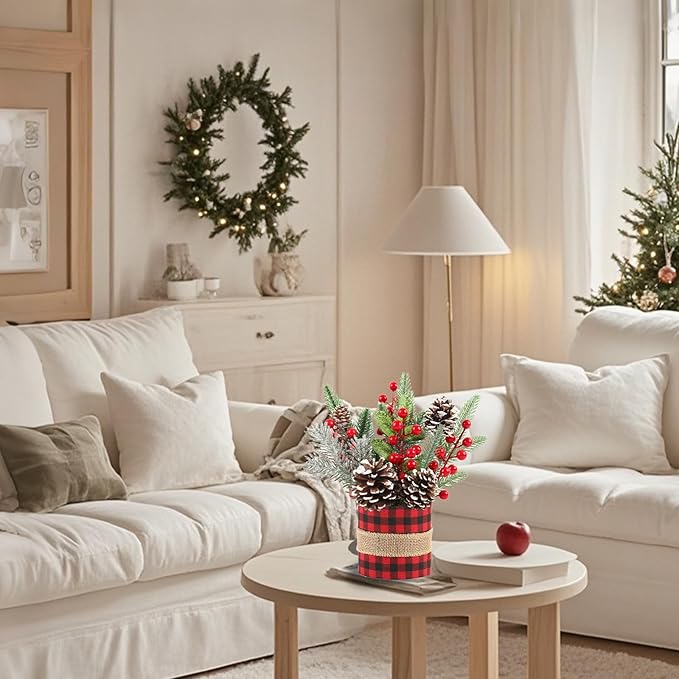Small Tabletop Christmas Tree, Artificial Mini Christmas Tree Decorations with Pine Cones Red Berries and Green Plants, Suitable for Christmas Decorations Indoor Tables in Households