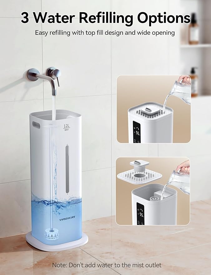 VAGKRI 12L Humidifiers for Large Room, Last 120 Hours, Cover up to 1000ft², Top Fill Ultrasonic Cool Mist Humidifier, 3 Mist Level, 24H Timer, Essential Oil Diffuser Humidifiers For Bedroom, Home