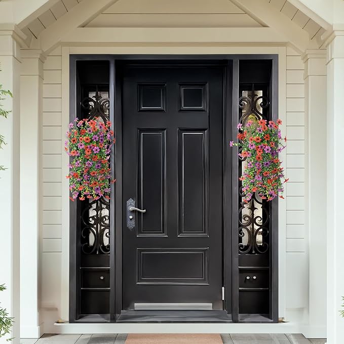 Artificial Fake Flowers Plants for Outdoor Spring Summer Decoration, 2 PCS Faux Silk Daisy Flower UV Resistant Look Real for Outside Patio Porch Garden Balcony Home Summer Decor(Red Purple)