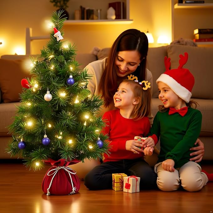 Tabletop Mini Christmas Tree 22 Inch - Mini Artificial Christmas Tree with 35 Warm White Lights, 75 Branch Tips & Red Cloth Bag Base, Perfect DIY Christmas Decorations, Green