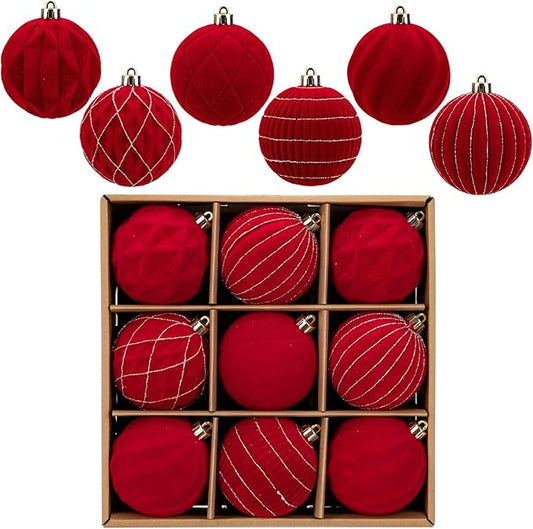 Hollyone Red Velvet Christmas Ornaments Set for Christmas Tree 3.2inch Xmas Ball Ornaments 9Pcs Flocked Balls Xmas Tree Hanging Ornament Decoration Set Shatterproof for Holiday Party Wreath Home Decor