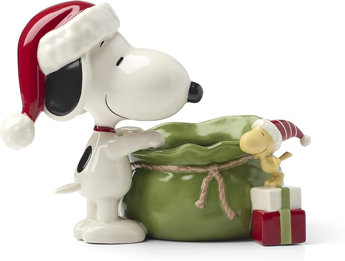 Lenox 897751 Snoopy Christmas Santa Sack Candy Bowl, Christmas Dishes, Festive Holiday Serveware