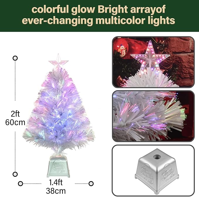 24inch White Fiber Optic Christmas Tree,Pre-Lit Artificial Mini Christmas Tree, Tabletop Small Xmas Tree with Stars Holiday Home Decorations
