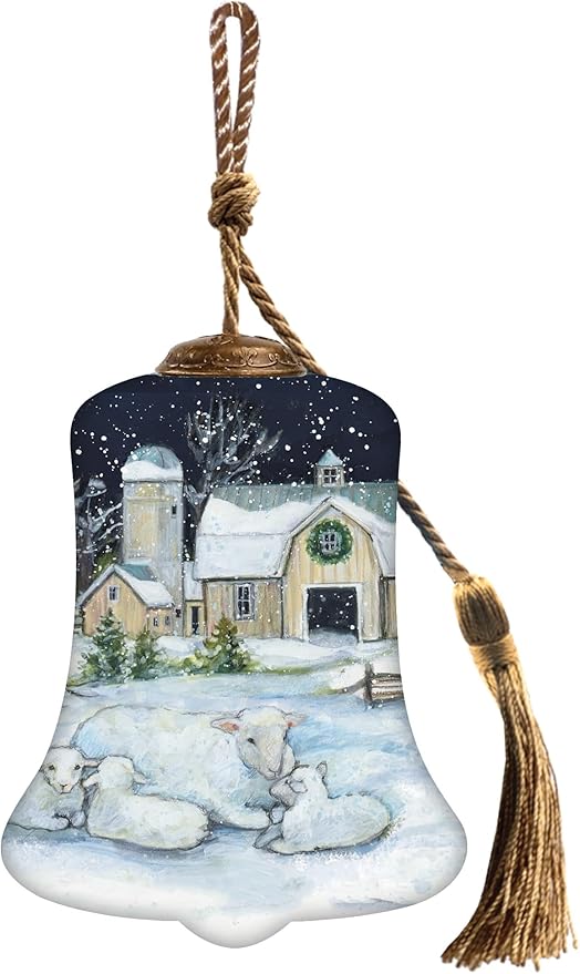 Winter on The Farm Bell Ornament – Reverse Hand-Painted Glass for Christmas Tree – Snowy Barn Scene with Sheep & Cardinal – Christmas Tree Decoration in Satin-Lined Gift Box