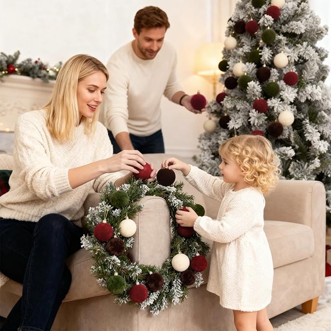 30pcs 6cm/2.4'' Velvet Xmas Balls Flocked Hanging Ornaments Christmas Decoration for Xmas Tree, Garland, Fireplace, Railing. Burgundy, Green, Brown, Beige (2.36" Velvet)