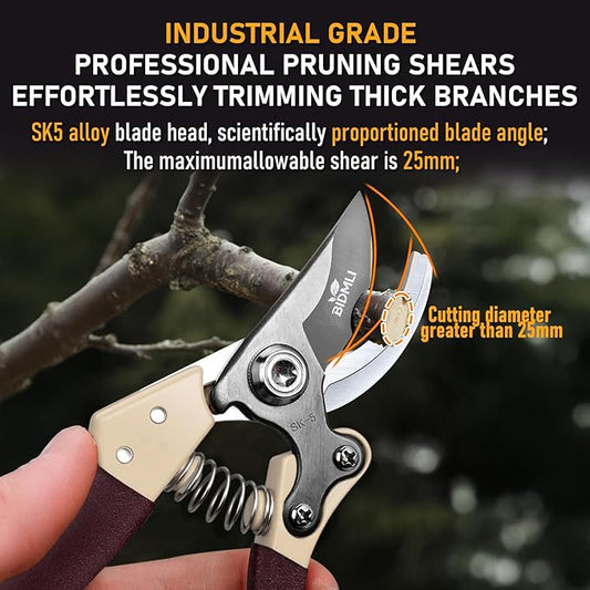 Heavy Duty Pruning Shears，Garden Scissors & Clippers with Red-BIDMLI 8.66" SK5 Steel Blades & Aluminum Alloy Handles, Tree Branch Cutter, Ideal for Thick Branches, Dry Twigs, Flower Pruning Tool.