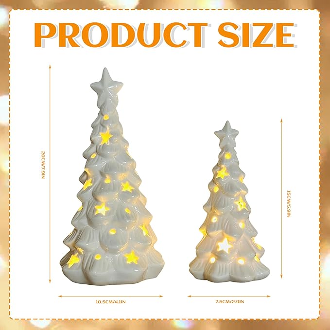 White Ceramic Christmas Trees with Lights, 2Pcs Light Up Table Top Porcelain Christmas Tree, Tabletop Mini Xmas Tree Figurines for Modern Home Decoration