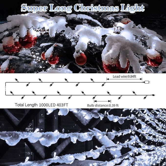 403 FT 1000 LED Christmas Lights Outdoor Fairy Lights Plug In Extra Long String Lights Clear Wire Waterproof 8 Modes Timer for Outside House Tree Garden Yard Wedding Party Decorations-Cool White