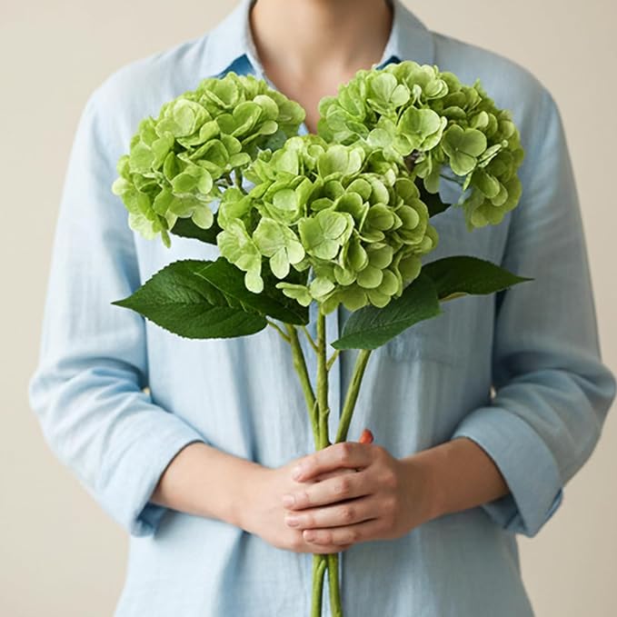 3 Pcs Green Hydrangea Artificial Flowers, 19 inch Faux Hydrangeas Real TouchFlowers, Long Stem Artificial Flowers for Tall Vase Home Wedding Bouquets Centerpieces Party Living Room Decoration