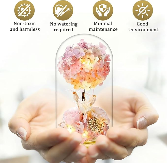 dranmoner Christmas Rose Gifts with LED Lights,8 inches 3D Pink Hydrangea Tree and Preserved Flower Arrangement,Wooden Base,for Birthday,for Mom Grandma Wife Friend Used as for Occasions Home Decor