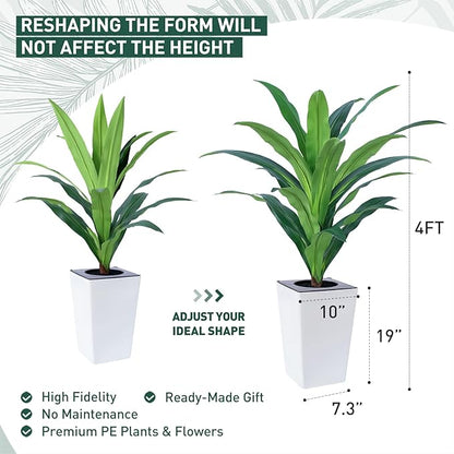 2 Pack Artificial Dracaena Tree with White Tall Planter 4FT-Tall Potted Faux Plants Indoor -Fake Floor Plant for Home Office Living Room Outdoor
