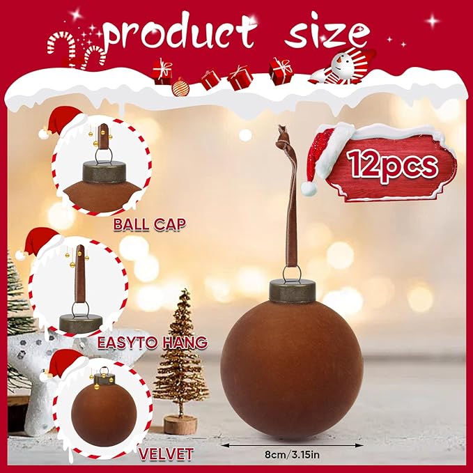 12 Pcs Velvet Christmas Balls Bulk Shatterproof Plastic Christmas Tree Decorations for Decorative Hanging Baubles (12, Brown, 3.15Inch)