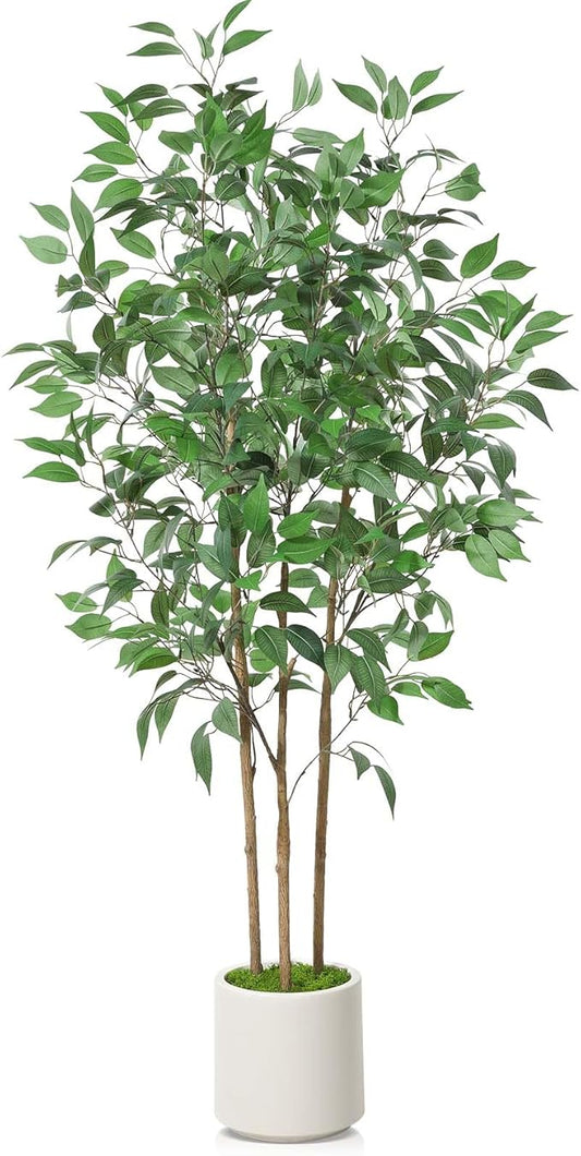 Ficus Artificial Tree 5ft Tall Fake Ficus Tree for Home Decor Indoor Faux Silk Ficus Plant Fake Floor Plant in White Imitation Ceramic Planter with Green Fake Moss, Set of 1