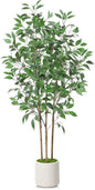 Ficus Artificial Tree 5ft Tall Fake Ficus Tree for Home Decor Indoor Faux Silk Ficus Plant Fake Floor Plant in White Imitation Ceramic Planter with Green Fake Moss, Set of 1