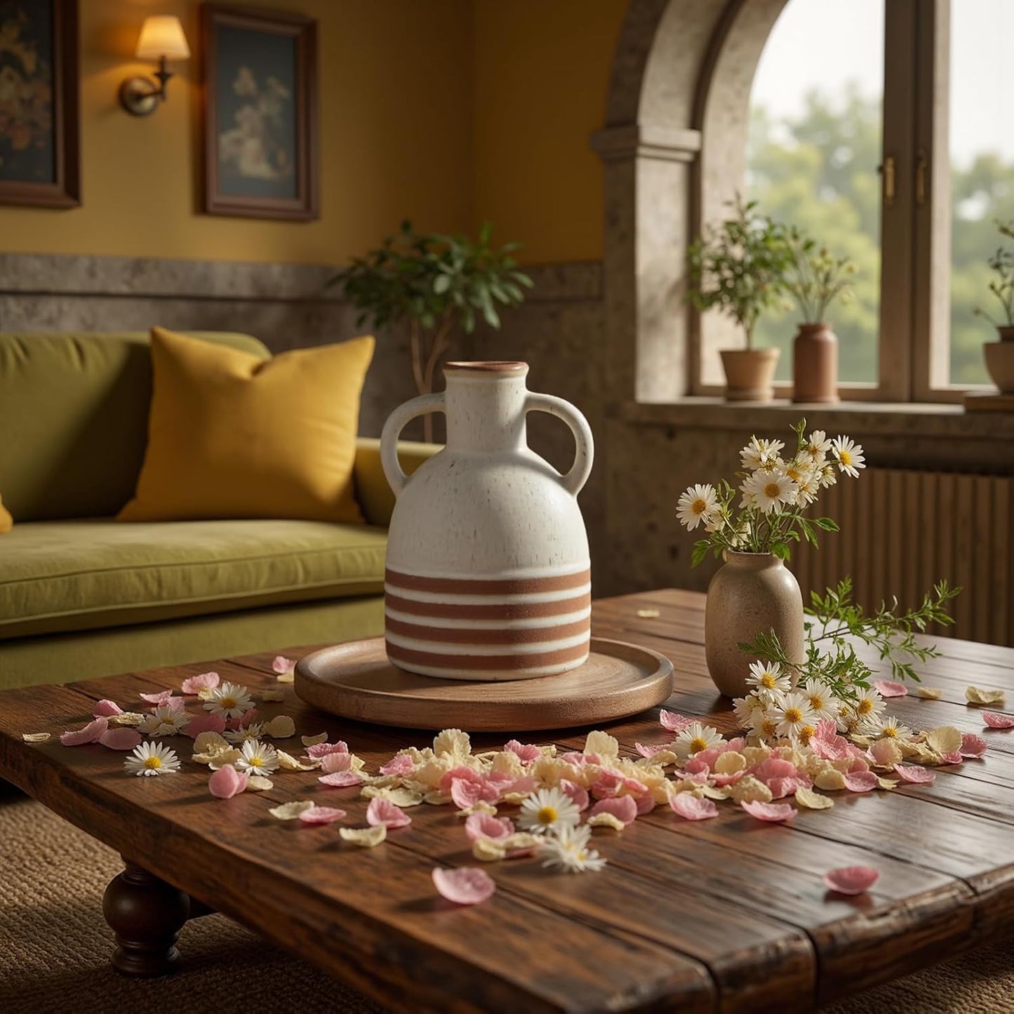 Rustic Farmhouse Ceramic Vase, Pastoral with 2 Ear Design, Boho Vintage Terracotta Vases for Bouquet、Fake Plants, Suitable for Home Decor, Shelf, Dining Table, Living Room, Mantle, Bathroom, 6.9 Inch