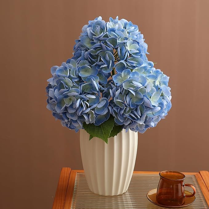 Nubry 22.44In Blue Hydrangea Artificial Flowers, 3Pcs Latex Faux Real Touch Large Hydrangea Flowers with Long Stems & Leaves for Home Office Decor Wedding Party Arrangements(Blue)