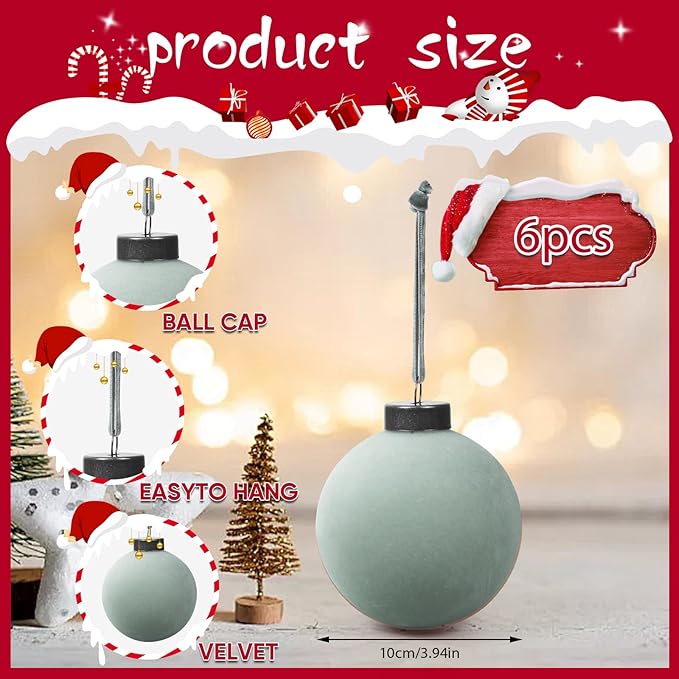 6 Pcs Velvet Christmas Balls Bulk Shatterproof Plastic Christmas Tree Decorations for Decorative Hanging Baubles (6, Haze Blue, 3.94Inch)